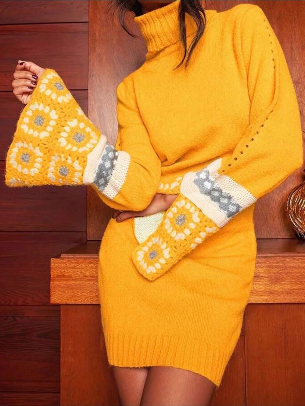 Vintage Yellow Long Sleeve Turtleneck Sweater Dress with Crochet Cuffs